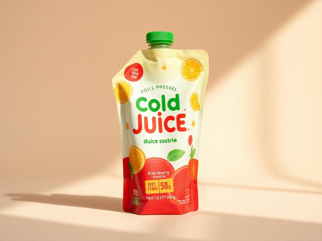 Cold-pressed juice flexible pouch with vibrant fruit branding