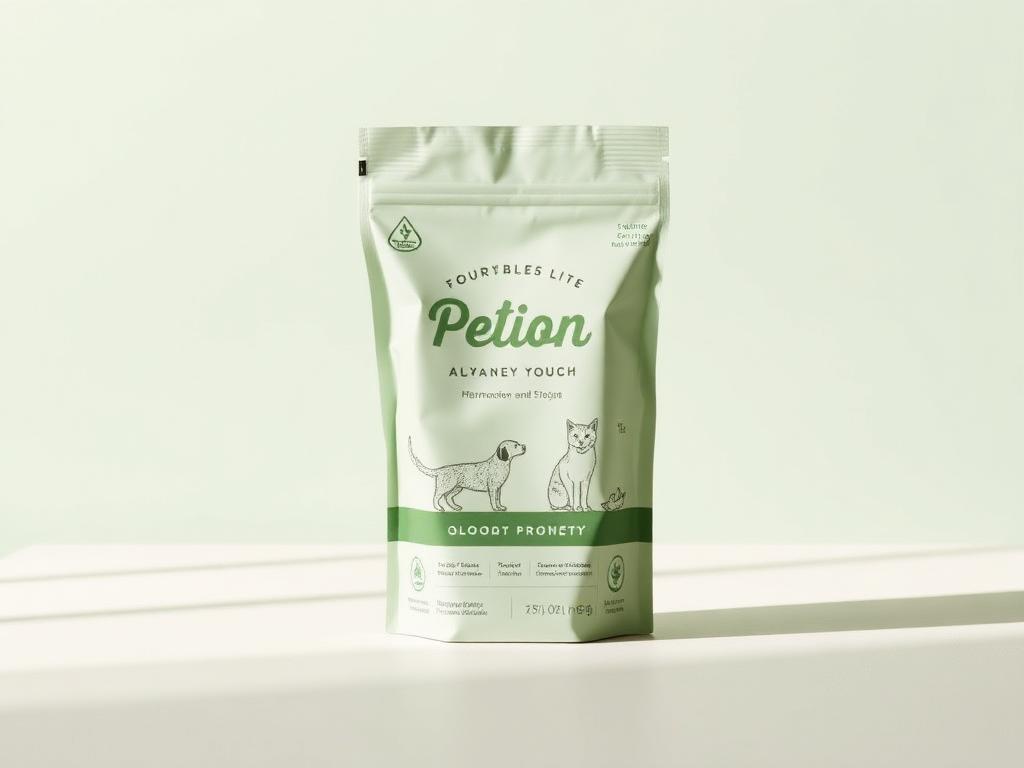 Pet food flexible pouch with sage green illustrated branding