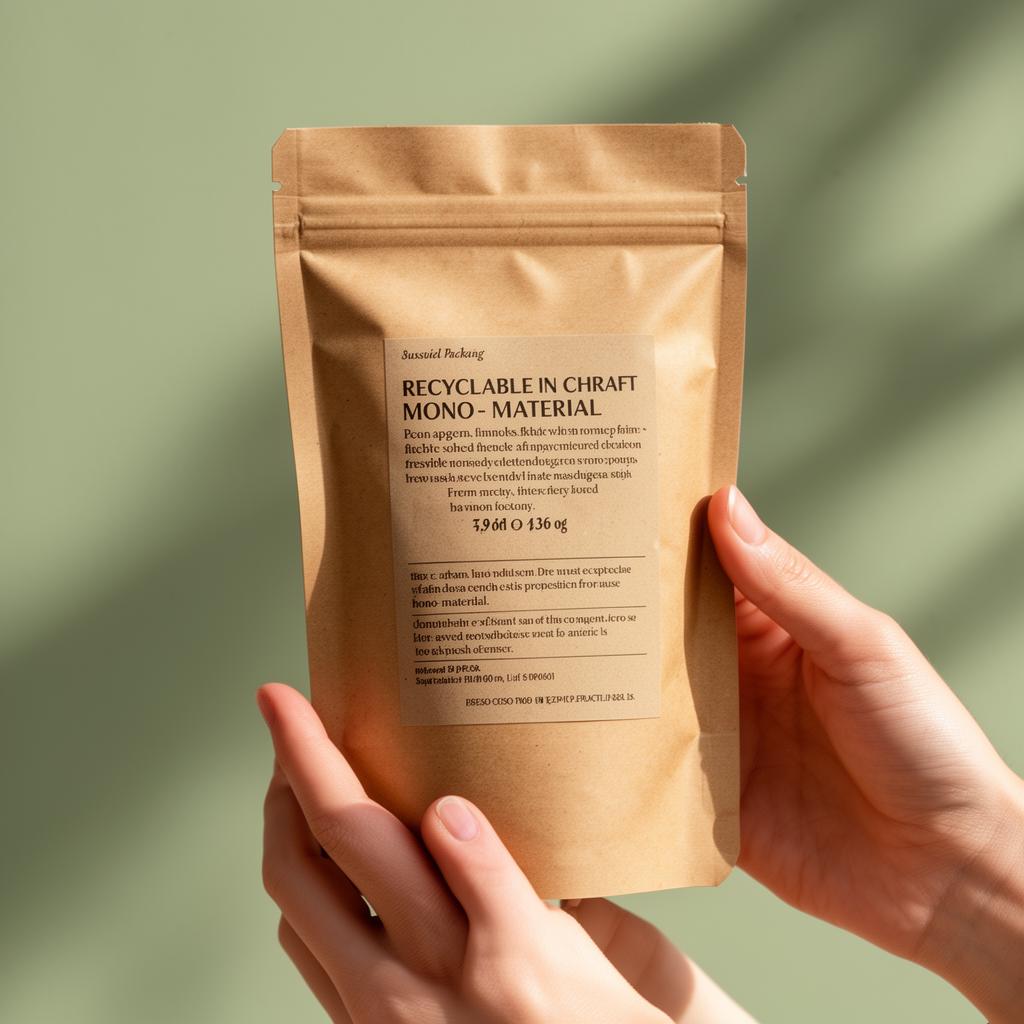 Hands holding a recyclable kraft mono-material flexible pouch in natural daylight